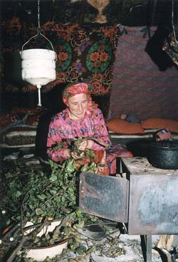 Зырянка в национальной одежде топит печь в чуме. Фото С. Гаврилова